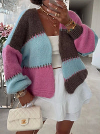 Color Block Open Front Cardigan - Basic Long Sleeve Polyester Top