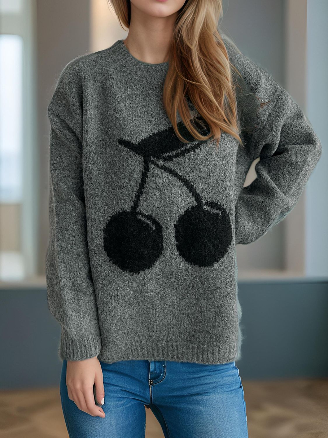 Cherry Round Neck Long Sleeve Sweater Trandify Deal