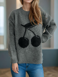 Cherry Round Neck Long Sleeve Sweater Trandify Deal