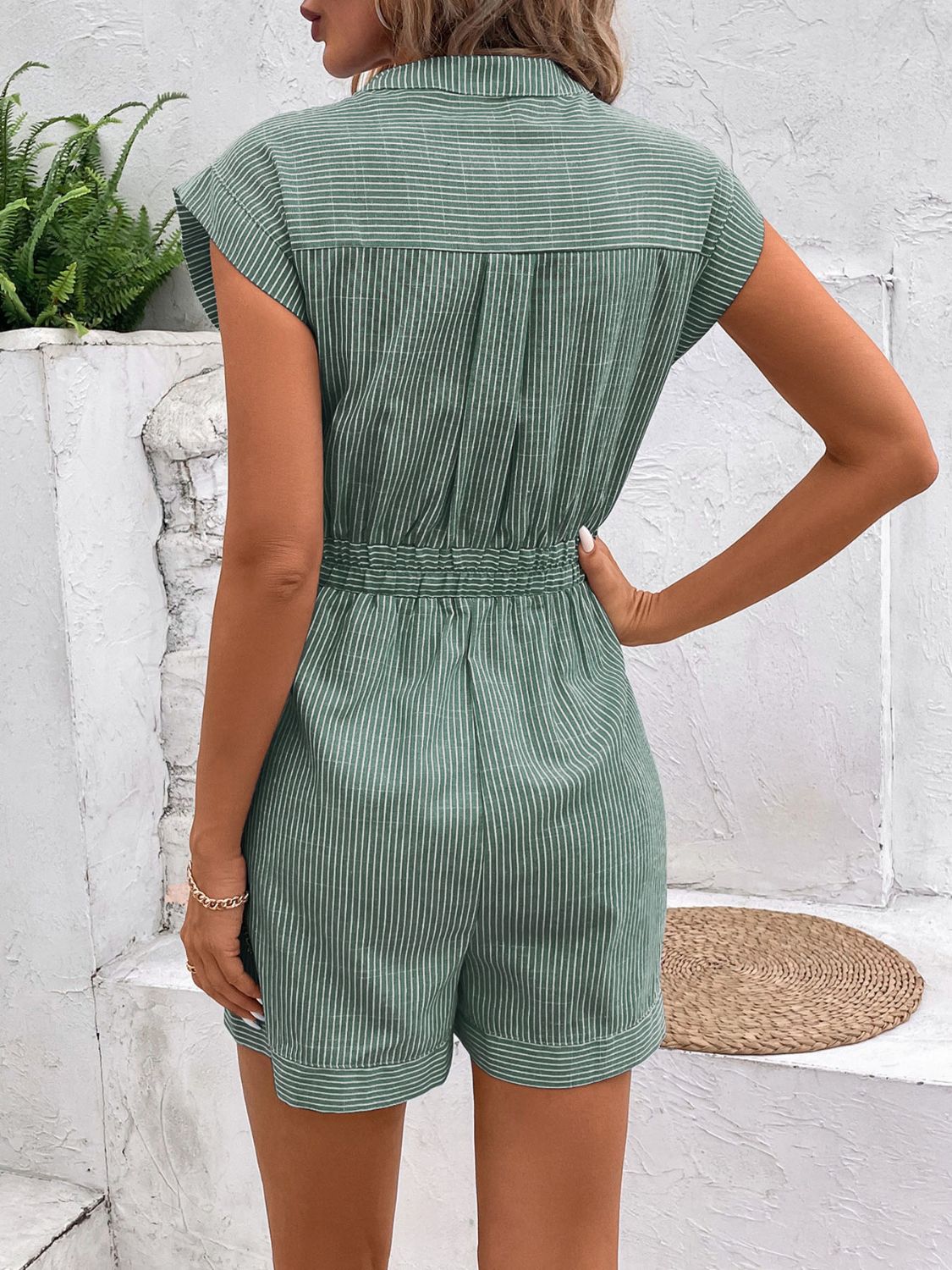 Striped Notched Tie Waist Romper Trandify deal