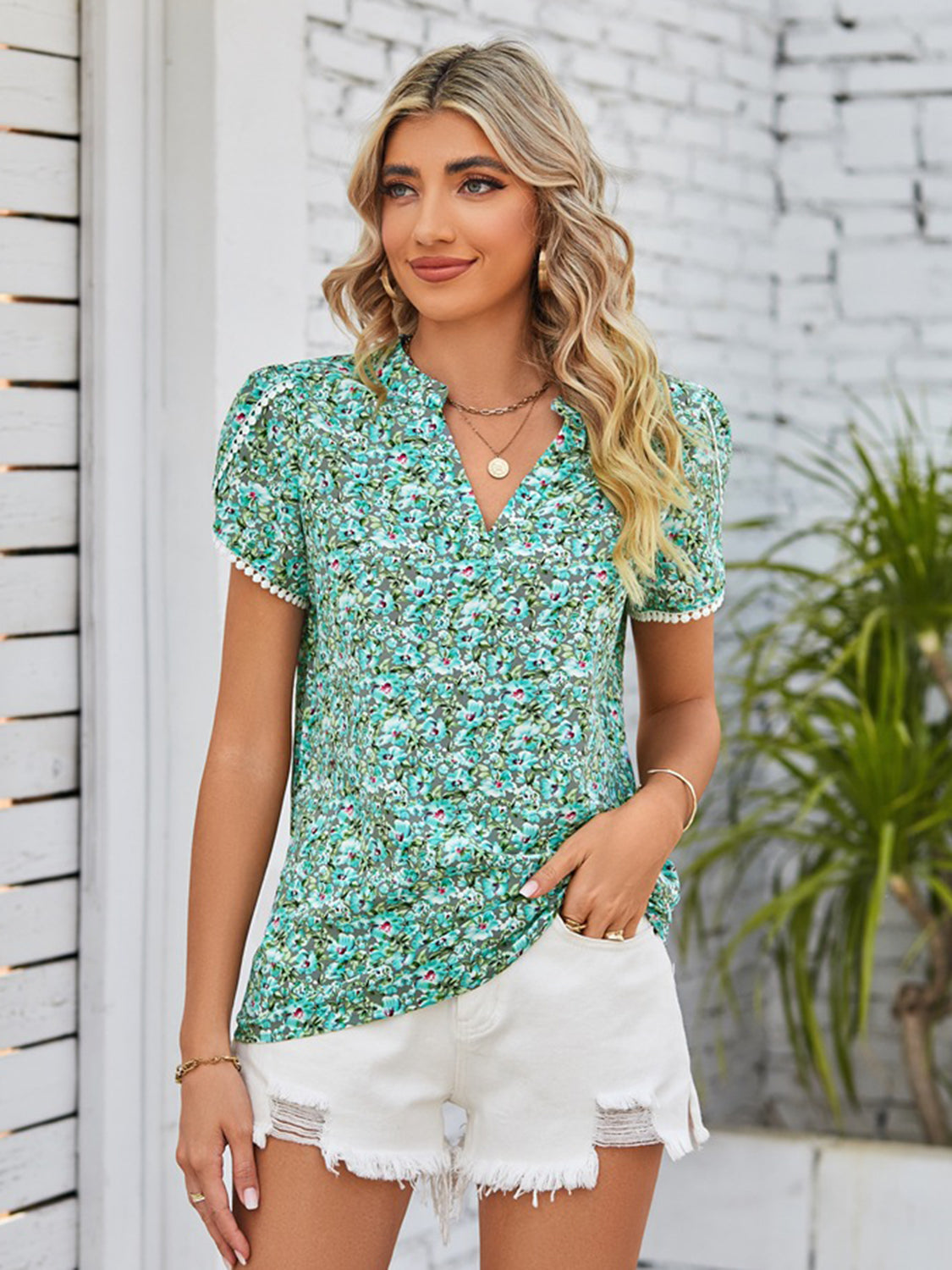 Double Take Floral Notched Neck Blouse Trandify deal
