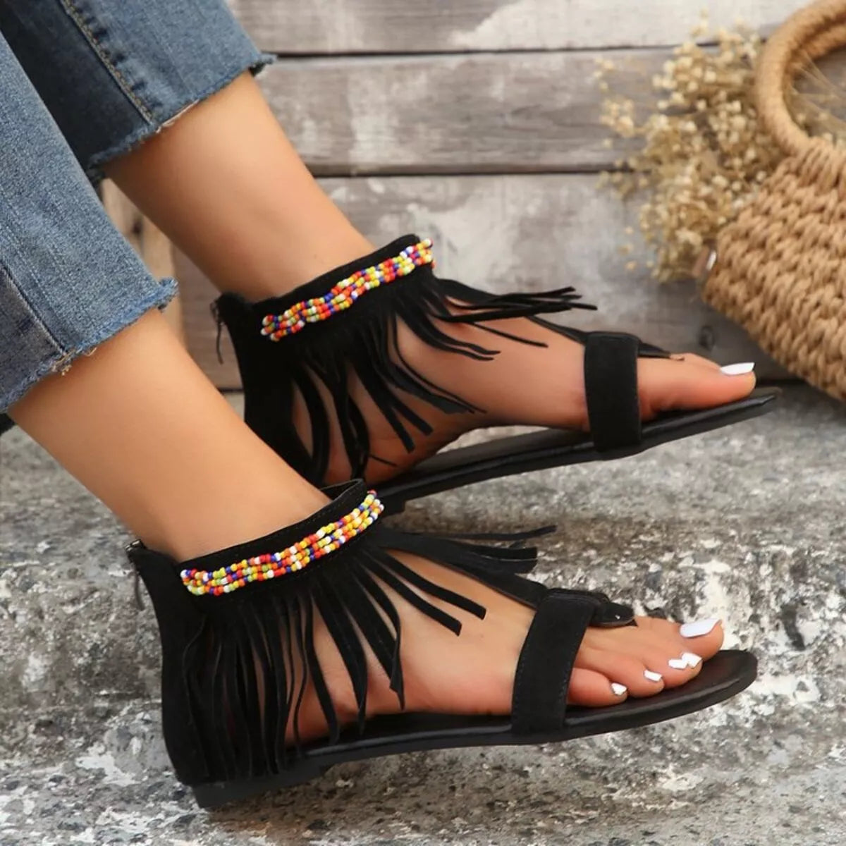 Boho fringe ankle strap sandals for women flat casual beach shoes