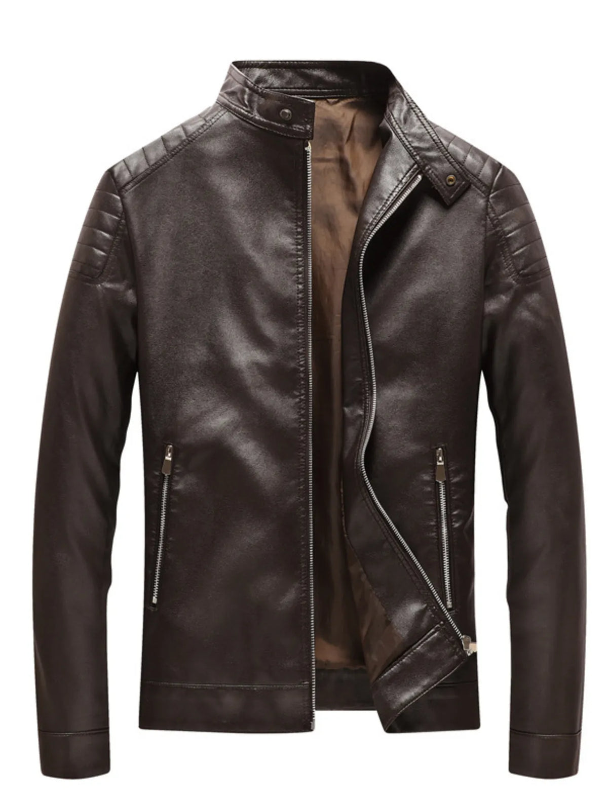 Men's Plus Size Brown PU Leather Jacket, open front zipper showing casual style