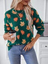 Maple Leaf Round Neck Long Sleeve Sweater Trandify Deal