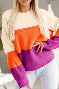 Color Block Drop Shoulder Round Neck Sweater - Trandify Deal