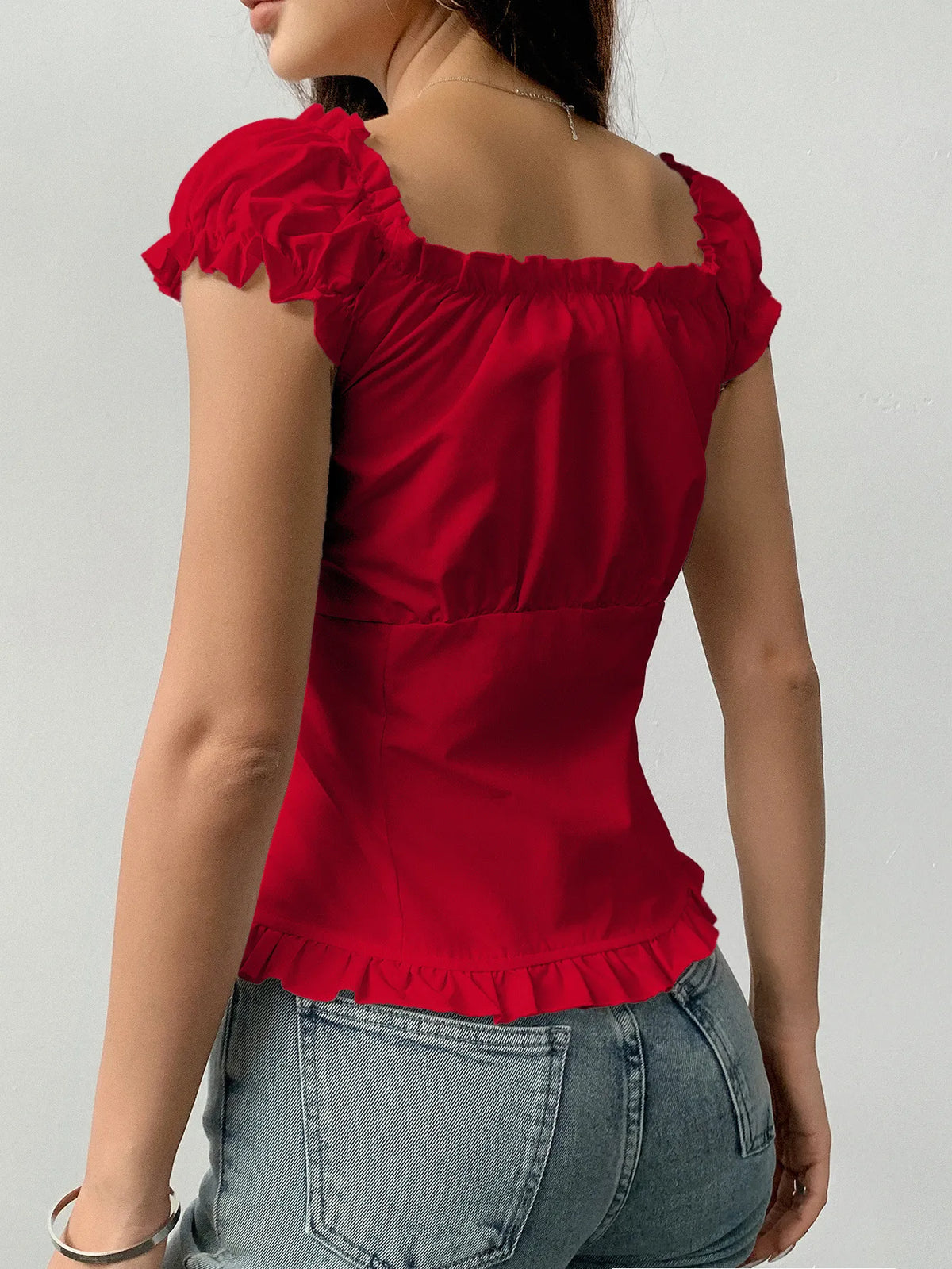 Women’s Frill Ruched Cap Sleeve Blouse – Trendy 2025 Tops for Summer | Free Shipping