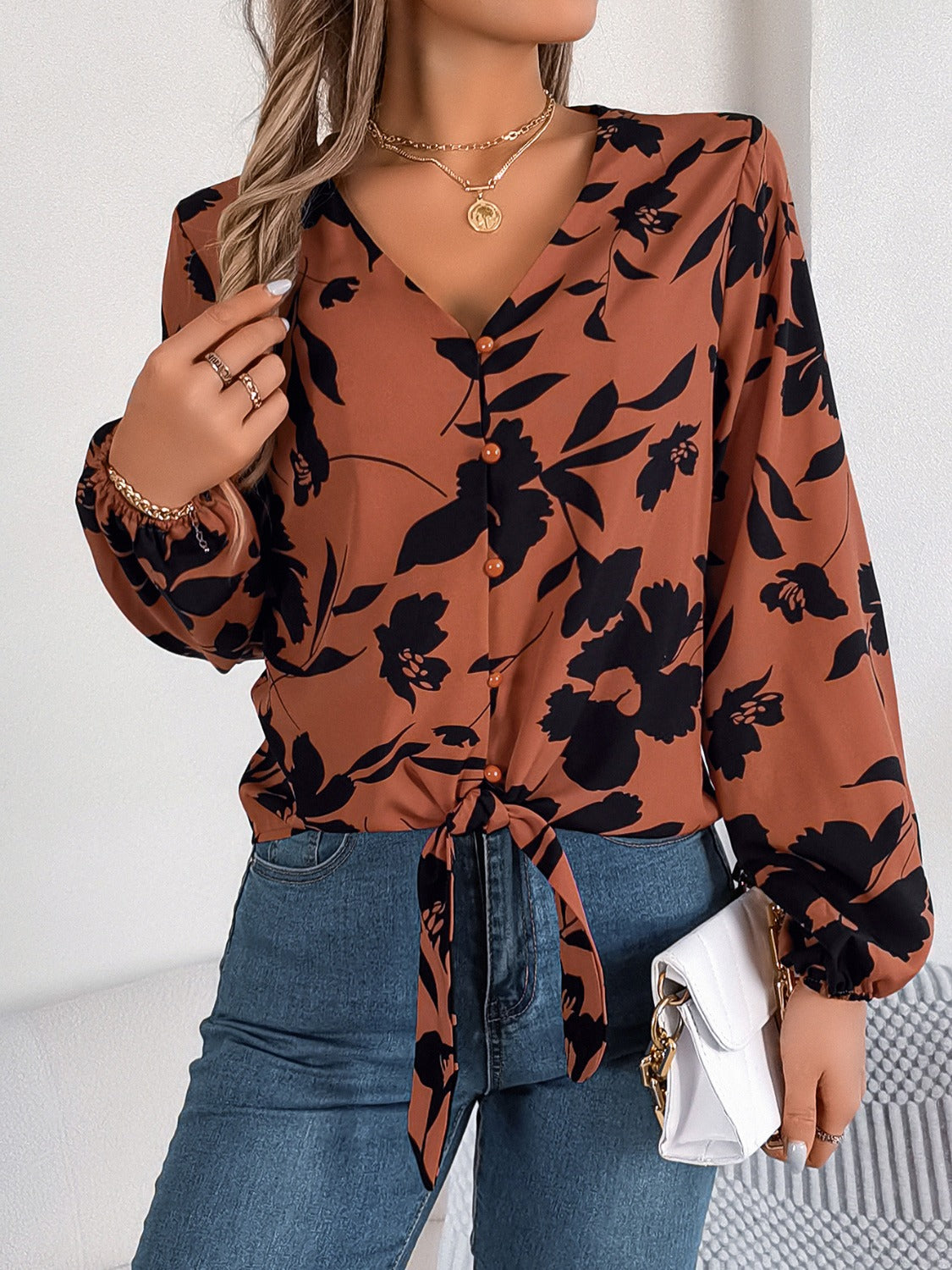 Printed V-Neck Long Sleeve Blouse Trandify deal