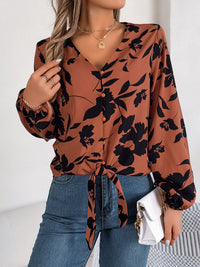 Printed V-Neck Long Sleeve Blouse Trandify deal