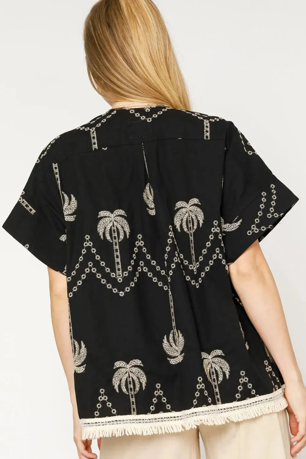 Boho embroidered fringe kimono for women – lightweight open front beach cover-up with lace trim