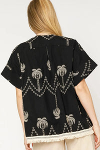 Boho embroidered fringe kimono for women – lightweight open front beach cover-up with lace trim