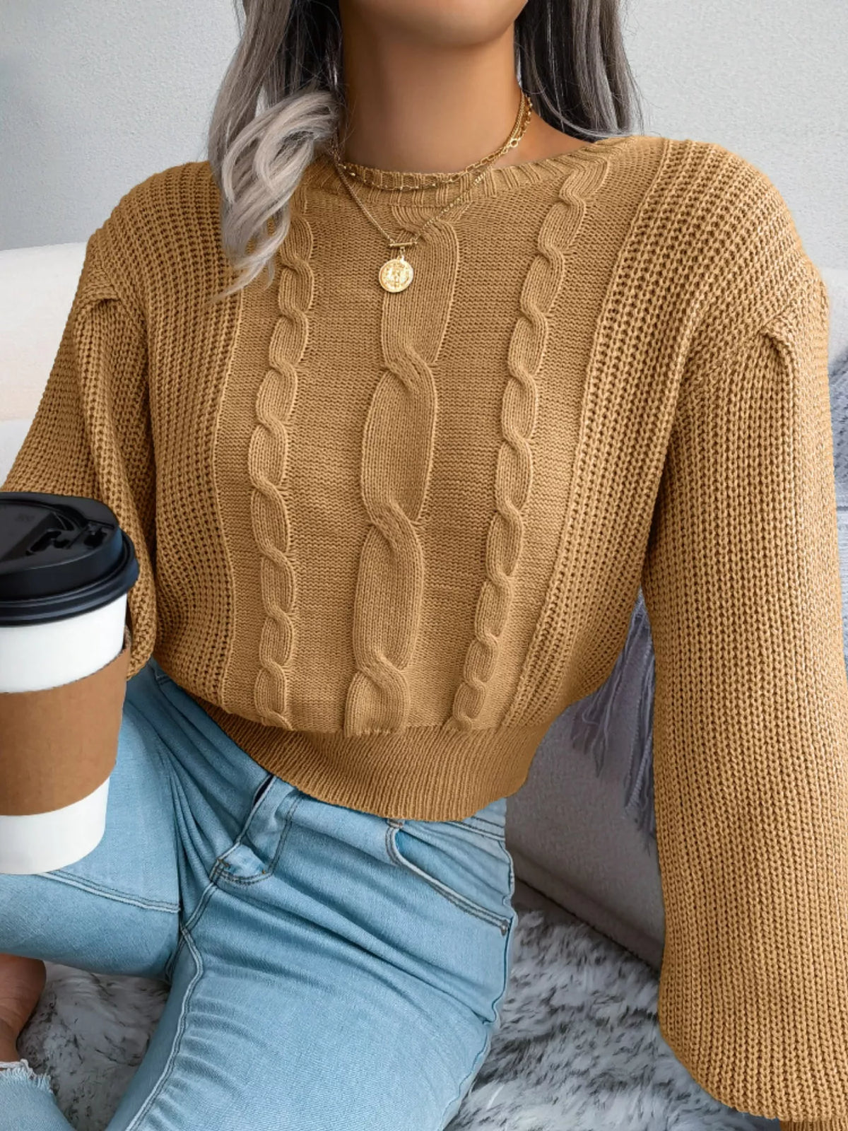 Women's Cropped Cable Knit Sweater | Crewneck Top
