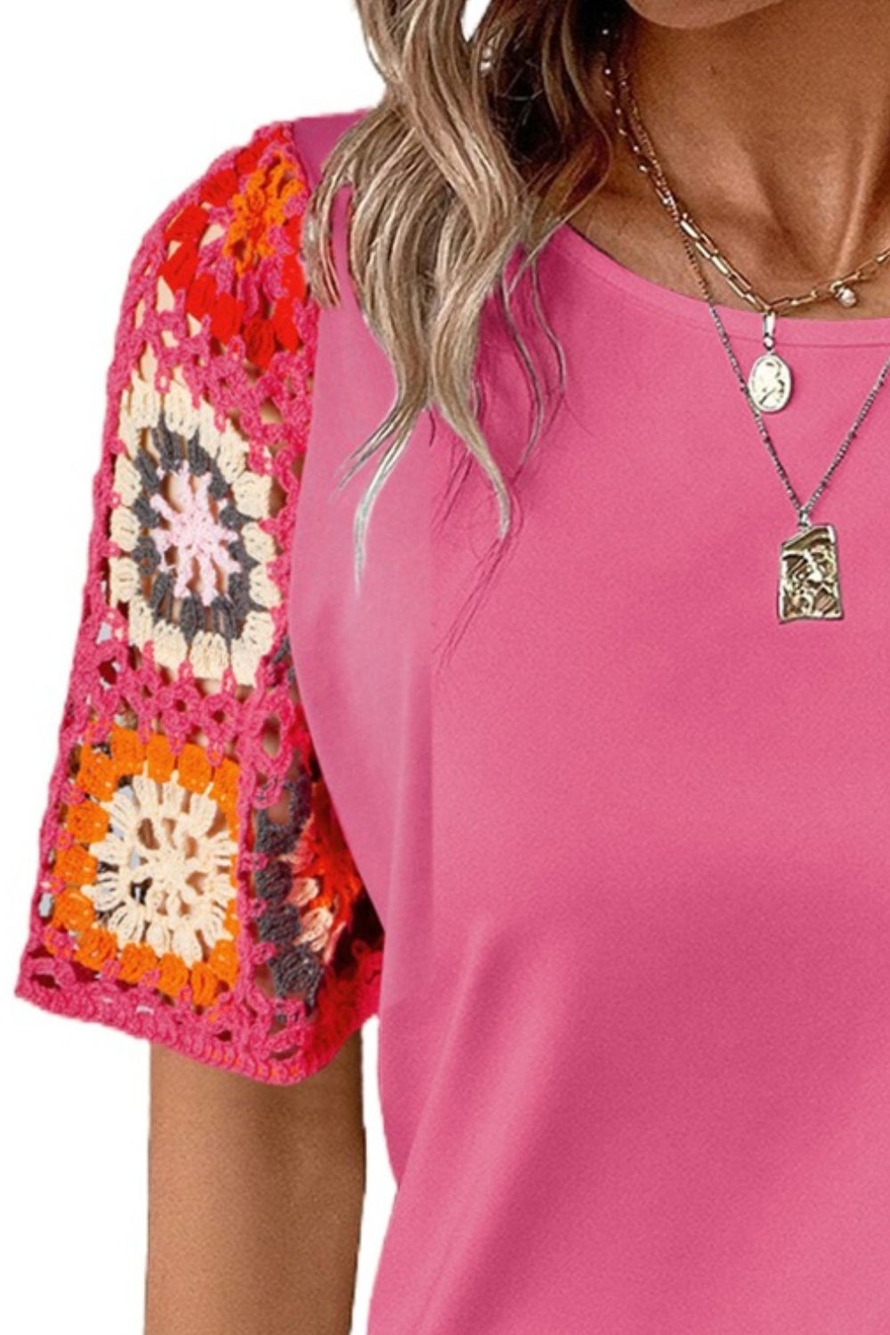 Geometric Round Neck Short Sleeve Blouse - Trandify Deal