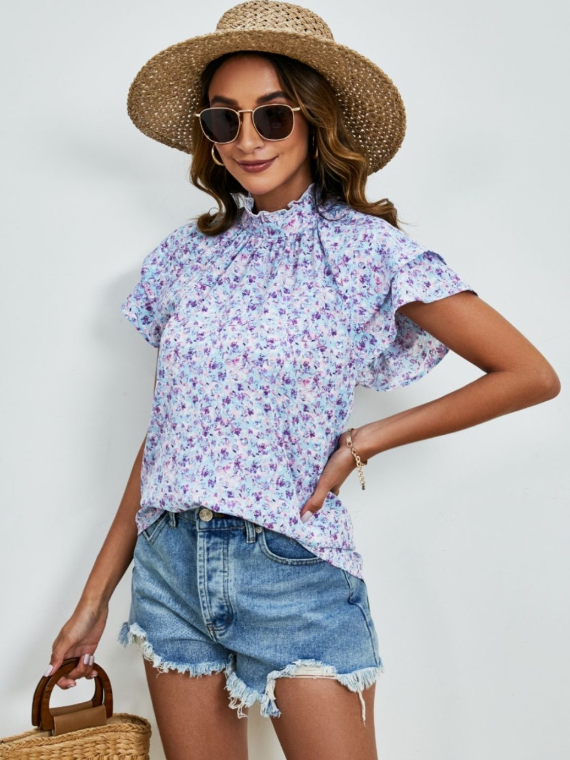 Ditsy Floral Mock Neck Flounce Sleeve Blouse Trandify deal