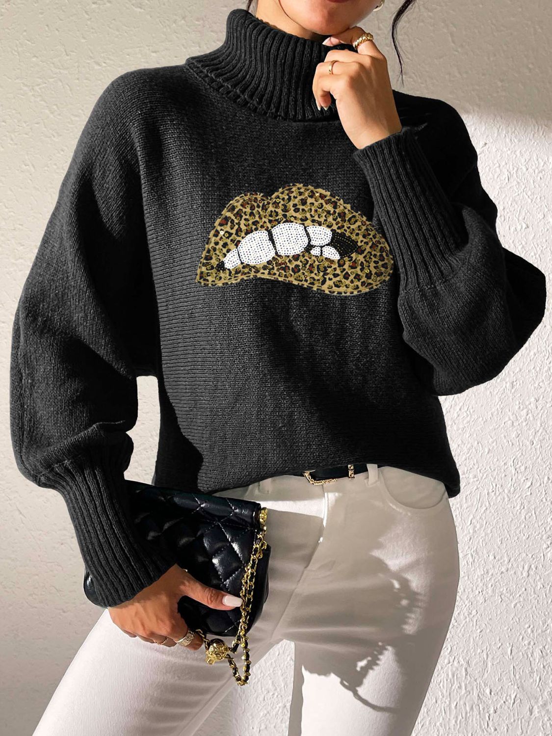 Lip Turtleneck Long Sleeve Sweater Trandify Deal