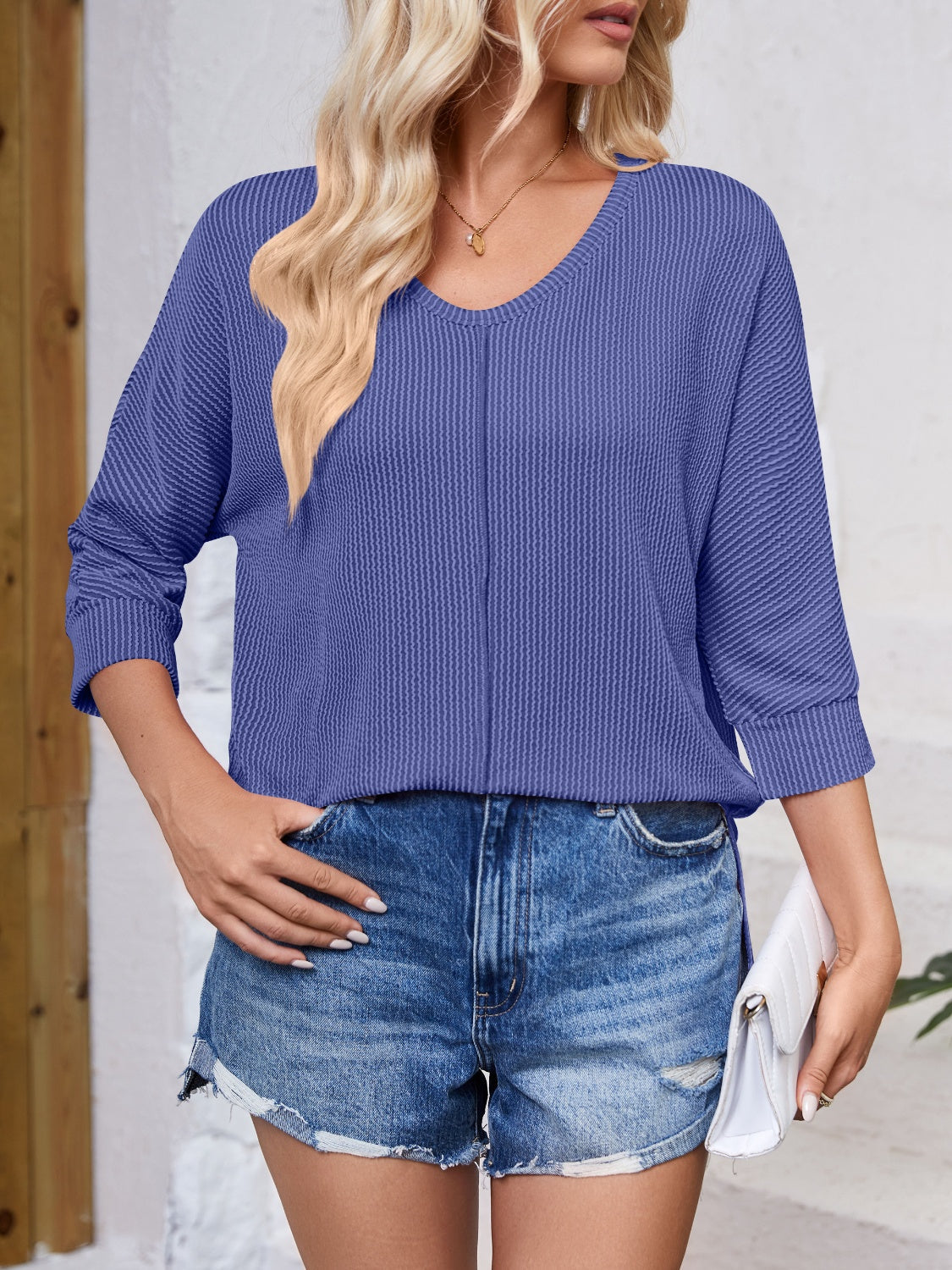 Lovelet Textured Round Neck Three-Quarter Sleeve Blouse Trandify deal