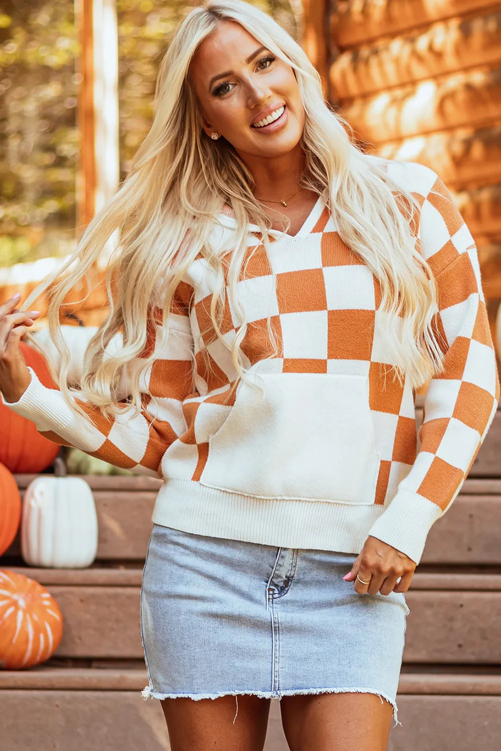 Checkered Long Sleeve Hooded Sweater Trandify Deal