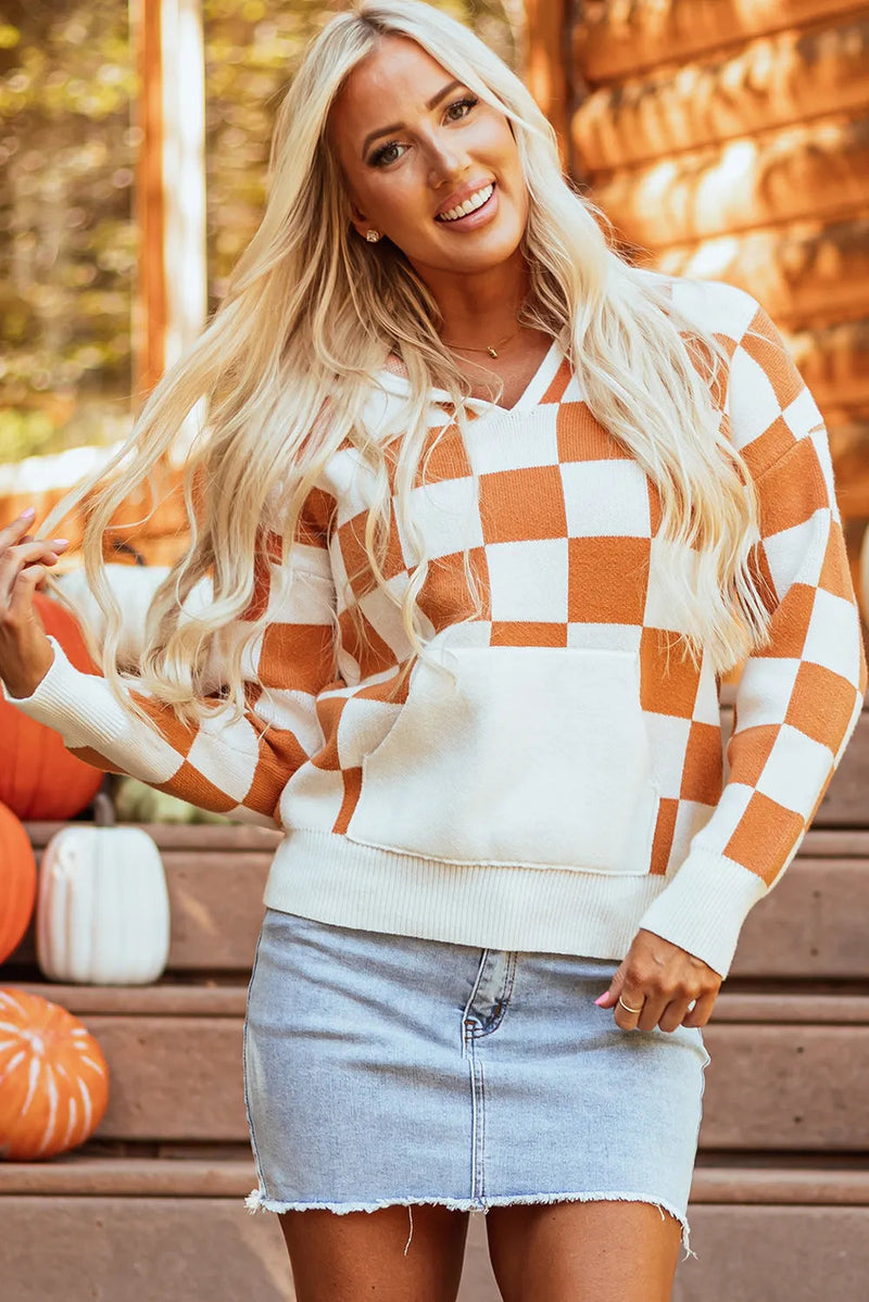 Checkered Long Sleeve Hooded Sweater Trandify Deal