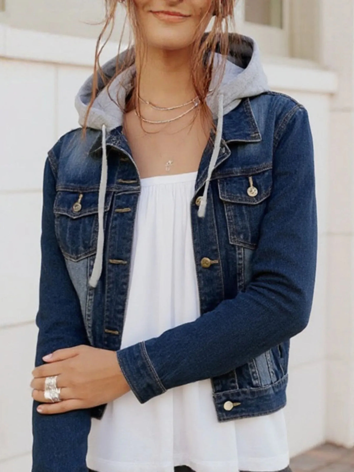 Women’s Oversized Hooded Denim Jacket – Button-Up Drawstring Waist – Plus Size Fashion