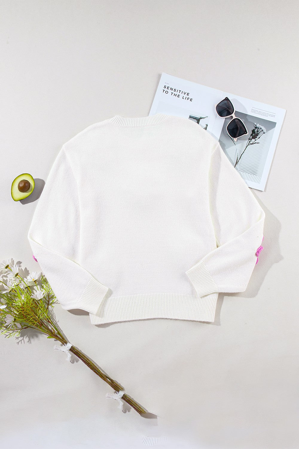 Crochet Flower Round Neck Long Sleeve Sweater Trandify Deal