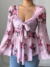 Floral Tie Front Blouse with Flare Sleeves and Bow Detail