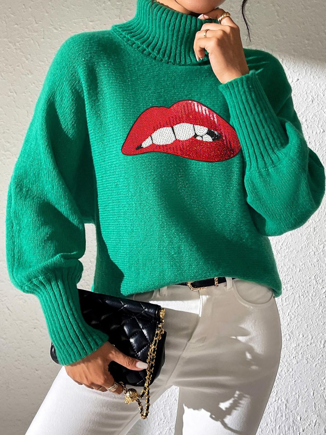 Lip Turtleneck Long Sleeve Sweater Trandify Deal