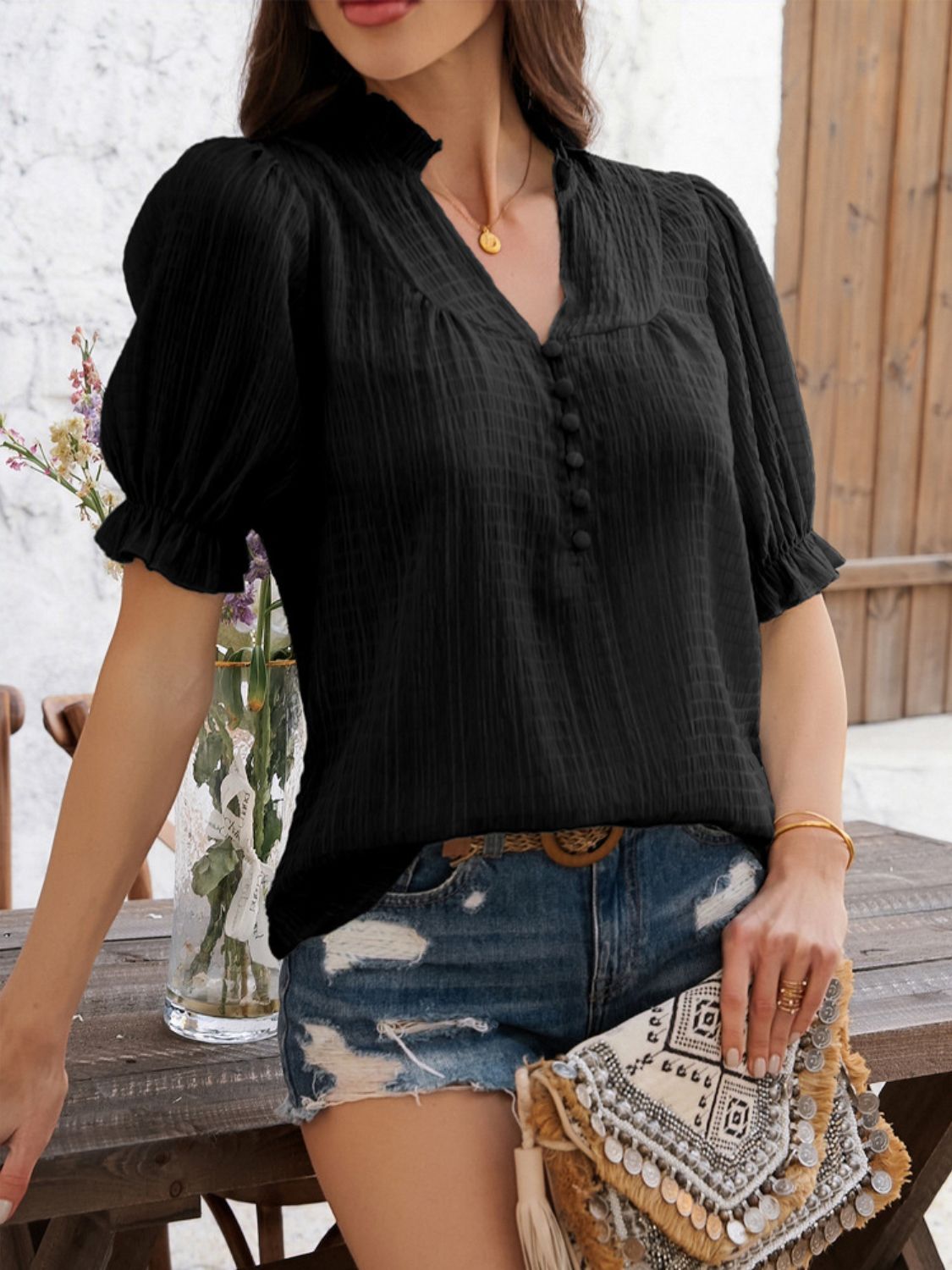 Women’s Devine Frill Notched Short Sleeve Blouse – Ruffled V-Neck Top for Casual & Office Wear