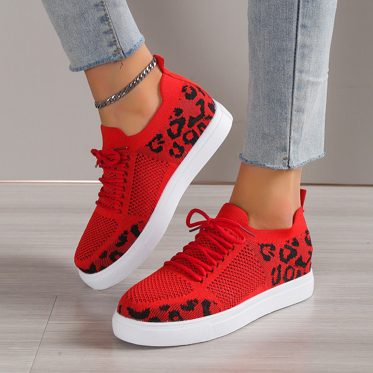 Lace-Up Leopard Flat Sneakers Trandify Deal