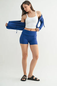 Y2K Ribbed Cropped Hoodie in Blue worn as a retro streetwear outfit