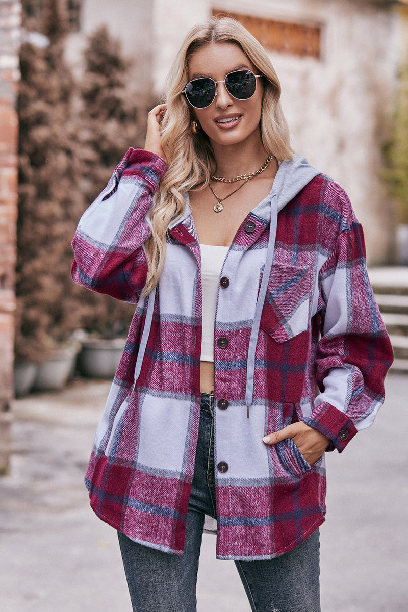 Mandy Plaid Dropped Shoulder Hooded Jacket Trandify Deal