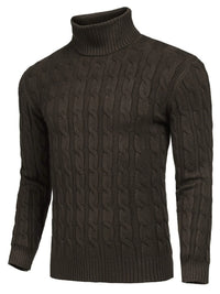 Men's Cable Knit Turtleneck Sweater worn by a model in Brown