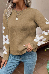 Flower Round Neck Long Sleeve Sweater Trandify Deal