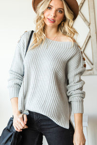 Side Slit Boat Neck Long Sleeve Sweater Trandify Deal
