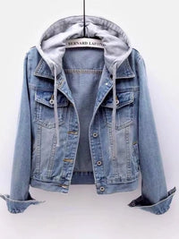 Women’s Oversized Hooded Denim Jacket – Button-Up Drawstring Waist – Plus Size Fashion