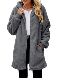 Fuzzy Pocketed Zip Up Long Sleeve Hooded Jacket Trandify Deal