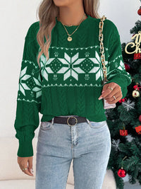 Women's Christmas Cable Knit Sweater with a close-up of the festive snowflake and cable knit pattern.