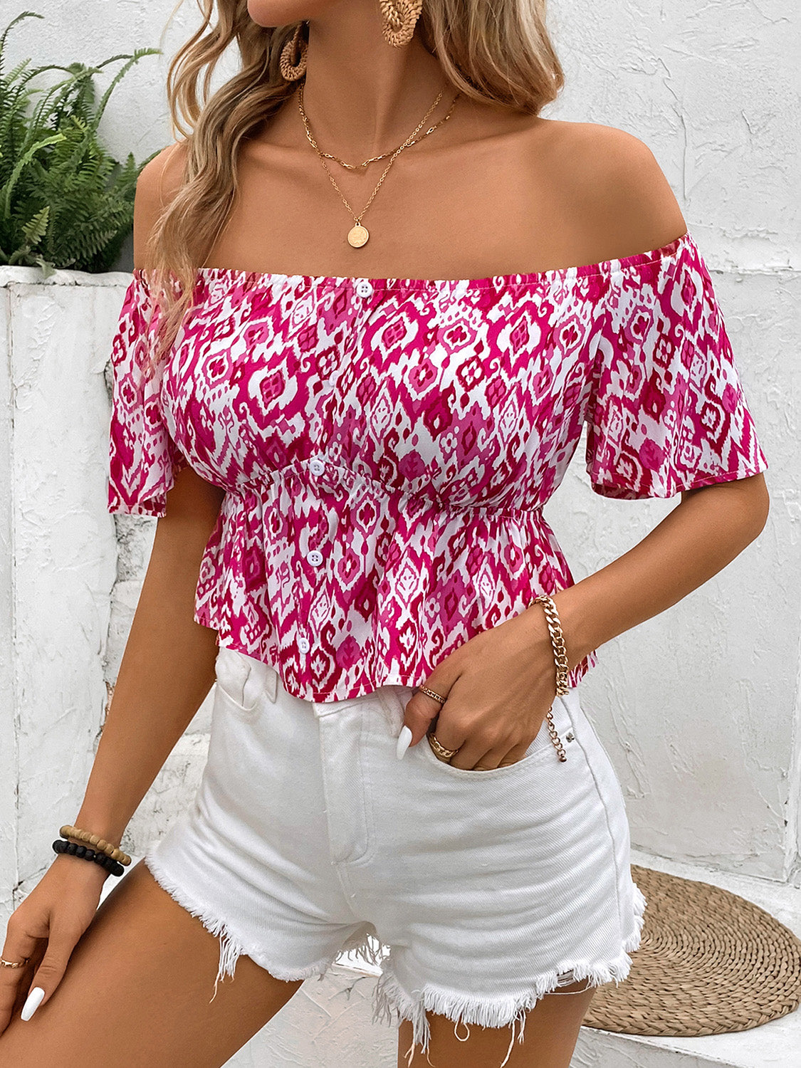 Perfee Peplum Printed Off-Shoulder Short Sleeve Blouse Trandify deal