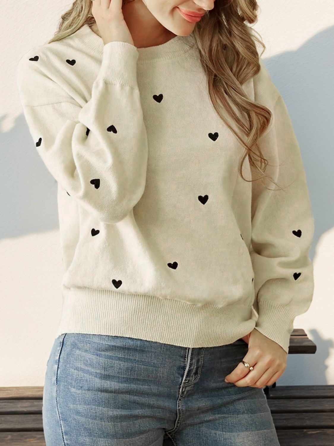 Perfee Heart Round Neck Long Sleeve Knit Top Trandify Deal