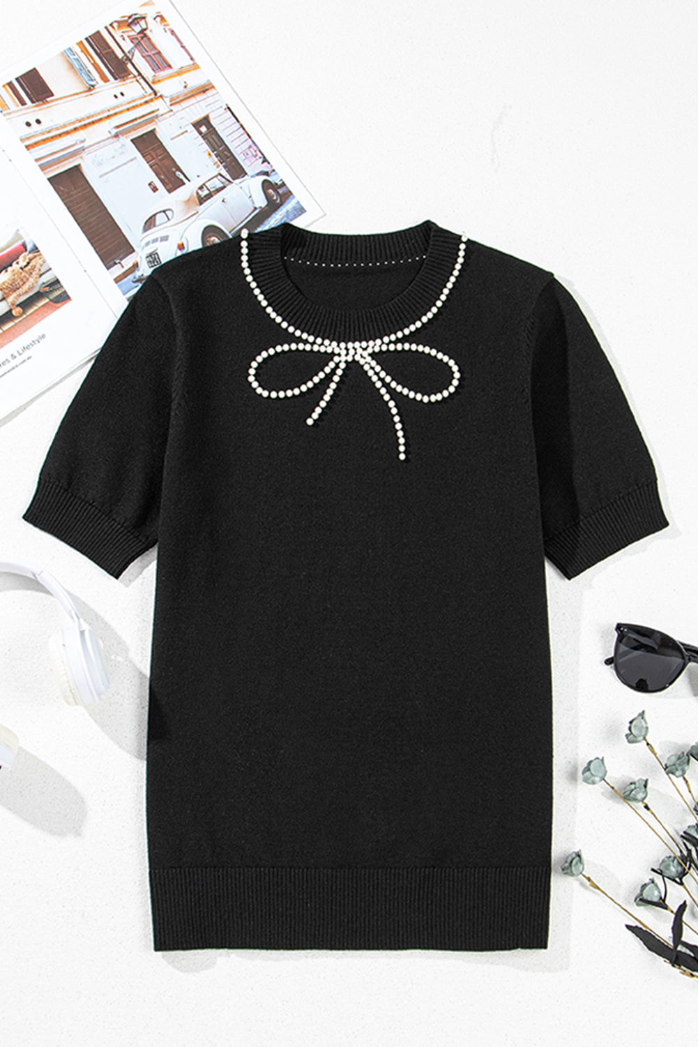 Pearl Bow Necklace Embellished Short Sleeve Knit Top
