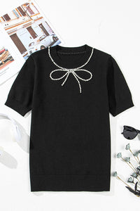Pearl Bow Necklace Embellished Short Sleeve Knit Top