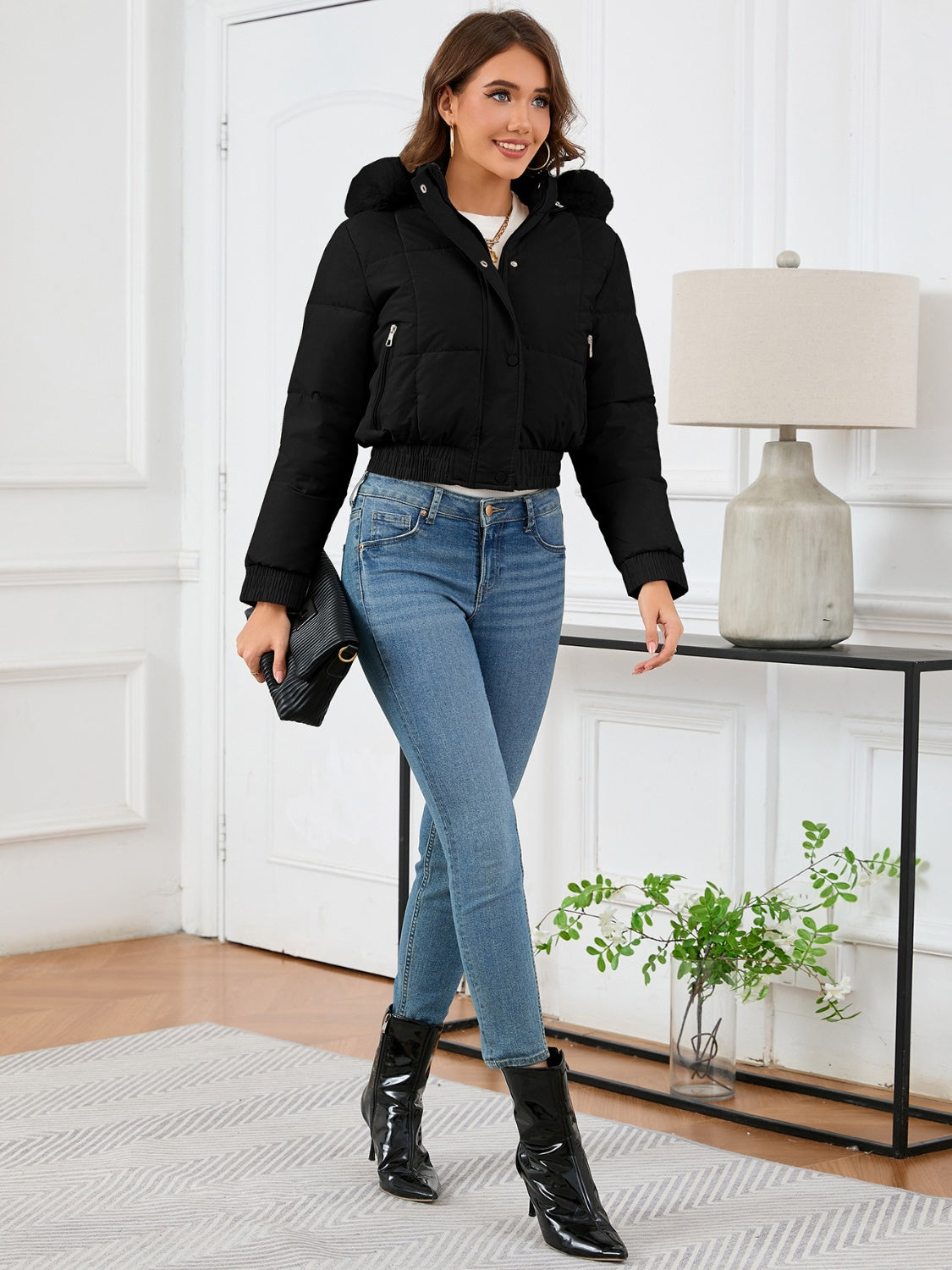 Pocketed Long Sleeve Cropped Hooded Winter Coat Trandify Deal