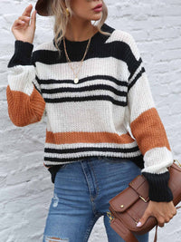 Contrast Striped Round Neck Long Sleeve Sweater Trandify Deal