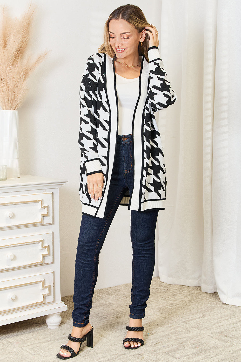 Mandy Woven Right Houndstooth Open Front Longline Cardigan Trandify deal