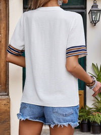 Perfee Contrast Stripes Notched Short Sleeve Blouse Trandify Deal