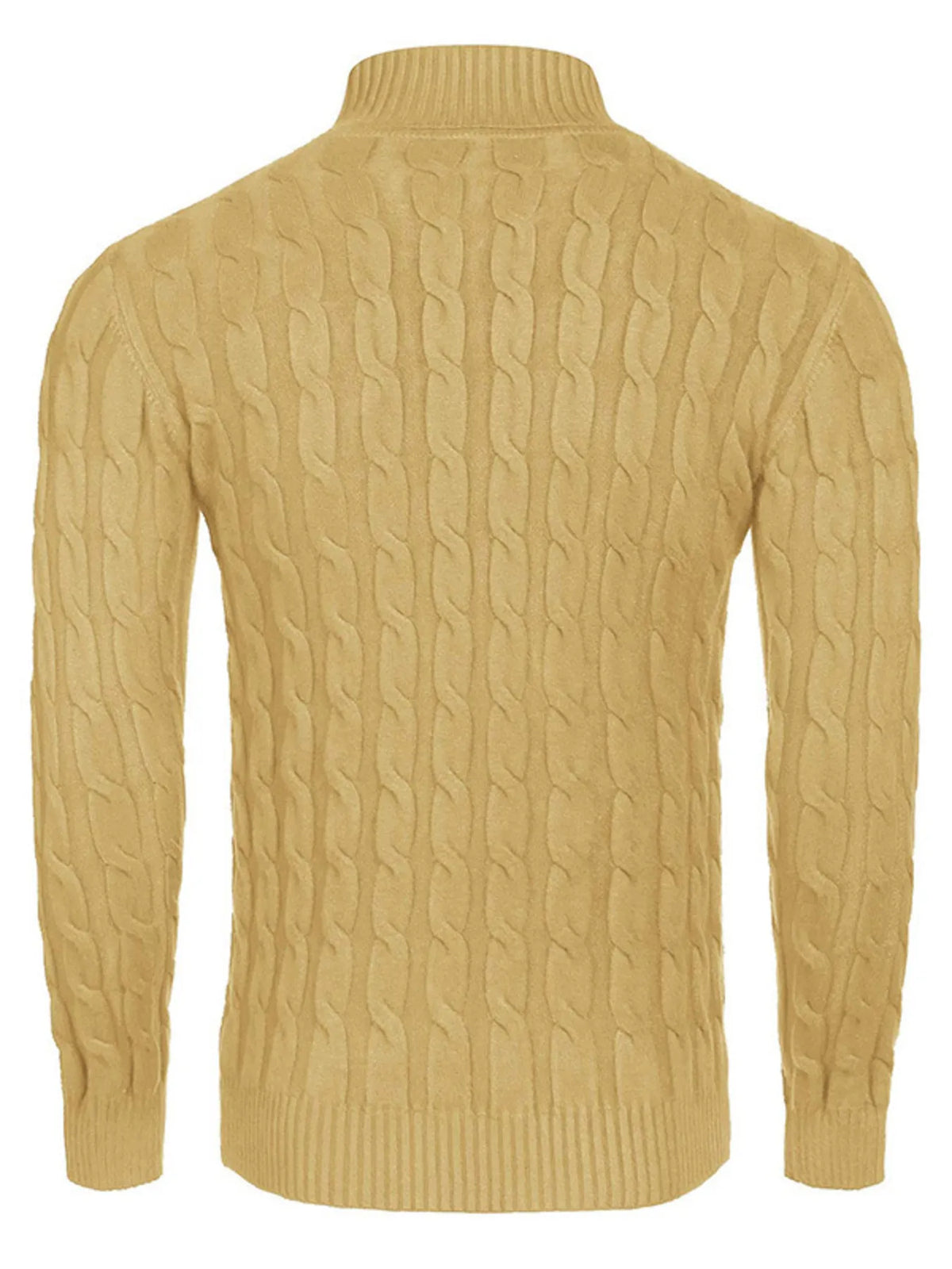 Men's Cable Knit Turtleneck Sweater worn by a model in Yellow