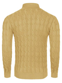 Men's Cable Knit Turtleneck Sweater worn by a model in Yellow