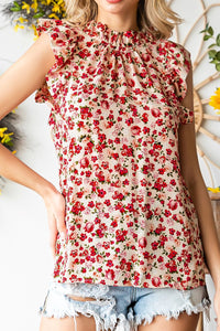 Ruffled Floral Round Neck Cap Sleeve Blouse for Women