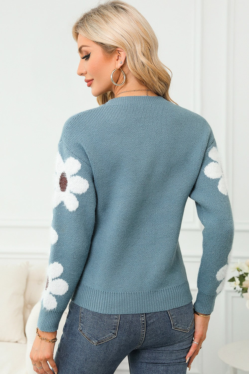 Flower Round Neck Long Sleeve Sweater Trandify Deal