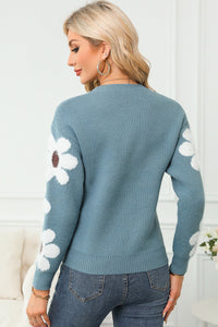 Flower Round Neck Long Sleeve Sweater Trandify Deal