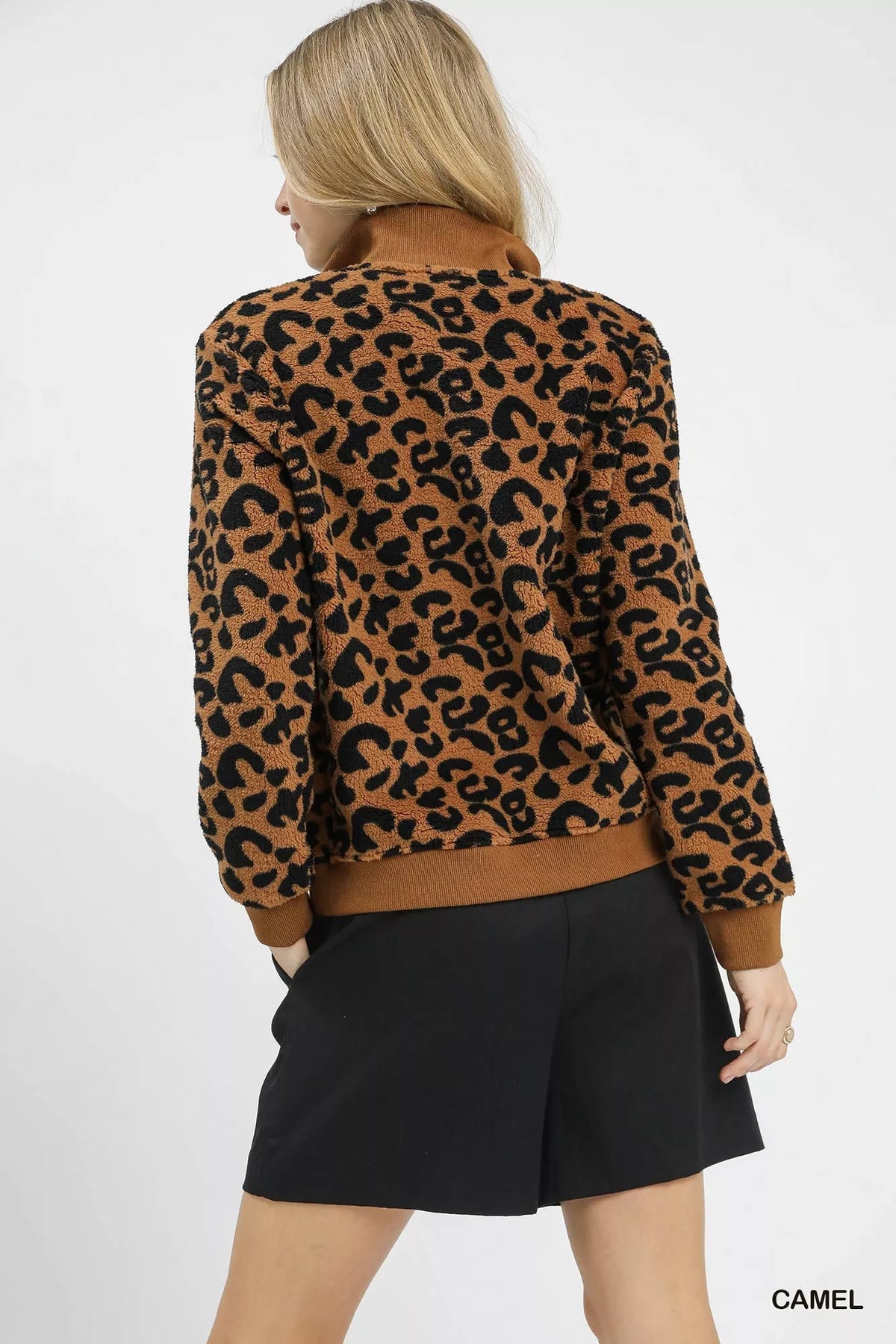 Leopard Print Quarter Zip Sweatshirt Women's Pullover with Front Pocket