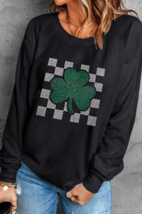 Rhinestone Checkered Lucky Clover Round Neck Sweatshirt Trandify Deal